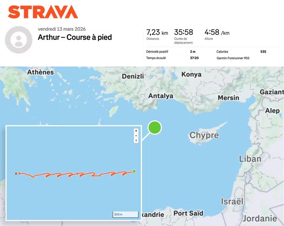 Actividad de 'Arthur' en Strava dentro del portaaviones Charles de Gaulle. Imagen: Strava vía Le Monde.